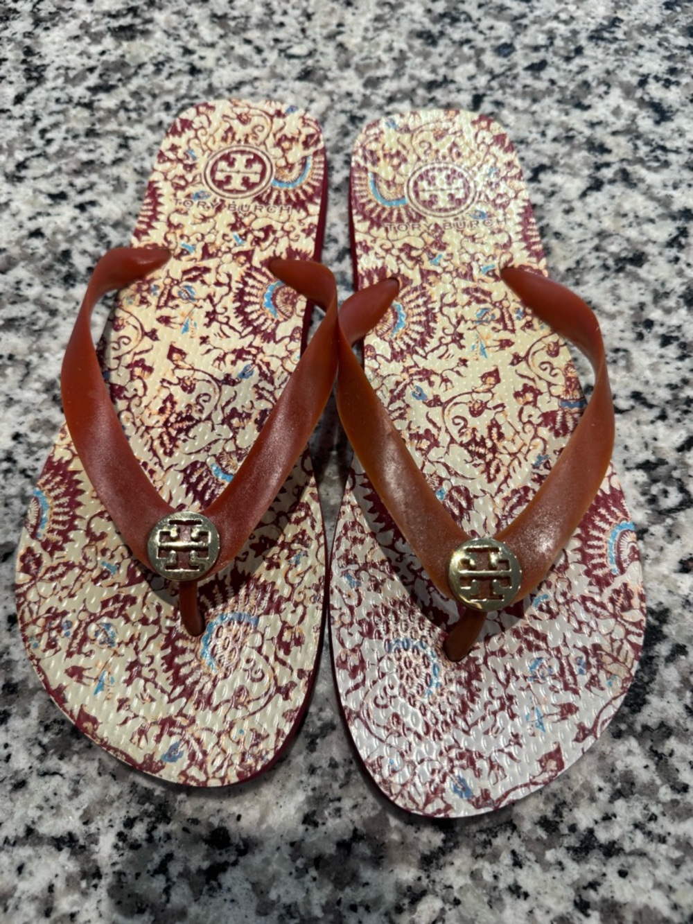 Tory Burch Cream, Maroon & Light Blue Patterned Logo Insole